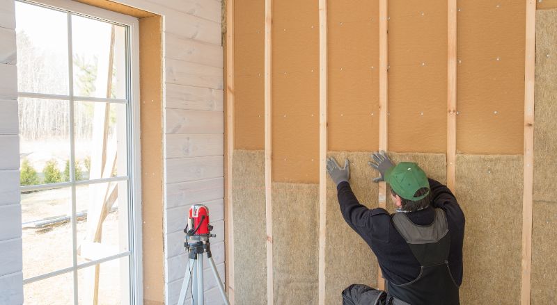 professionnel en train de realiser l isolation d un mur interieur avec ossature en bois et liege