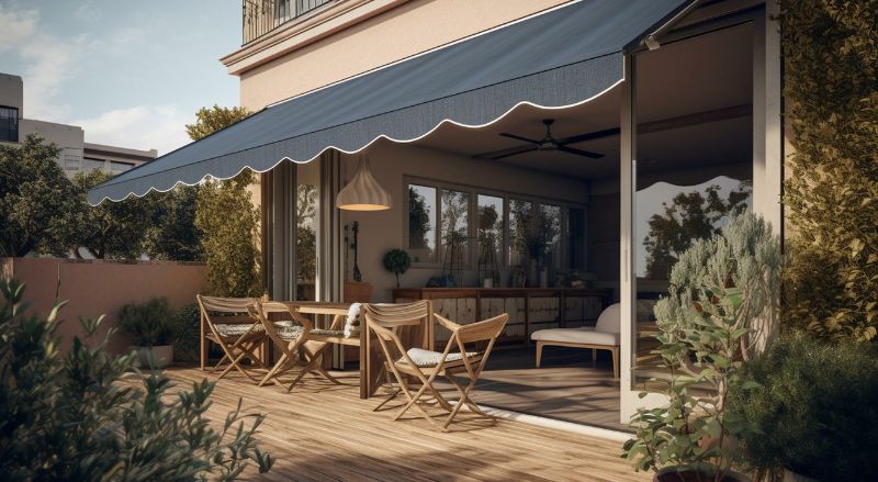 jolie terrasse en bois protegee par un store retractable sombre