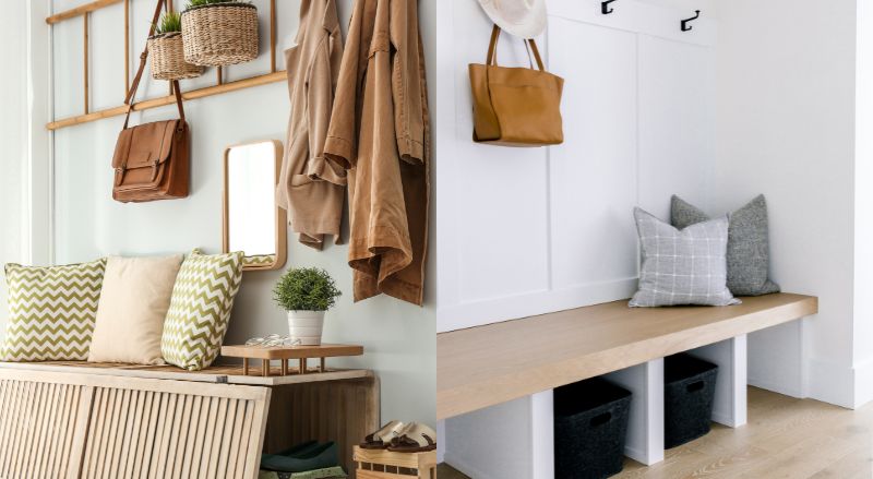 deux exemples d entree bien concue dans un petit espace avec bancs et rangements integres pateres miroir coussins