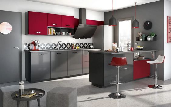cuisine rouge et gris anthracite