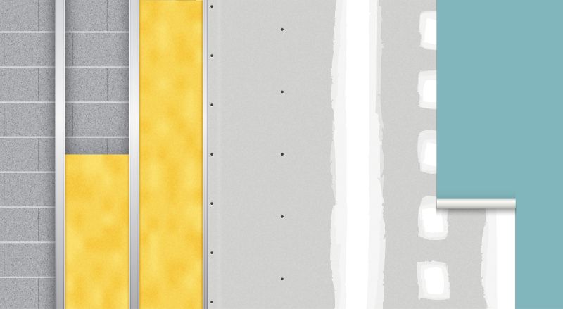 schema de coupe ou l on voit le processus d isoler un mur par l interieur avec ossature metallique isolant placo et revetement mural de finition