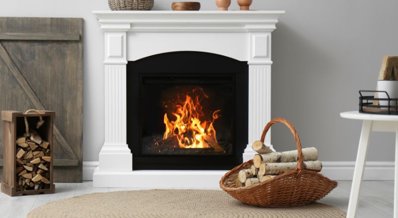 cheminee blanche avec feu allume dans un decor de style
