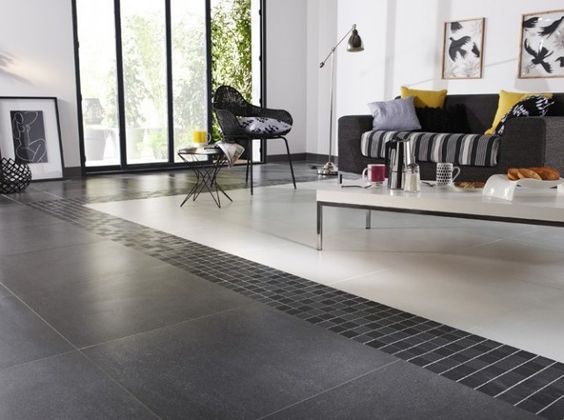 salon blanc avec un sol de carreaux gris anthracite