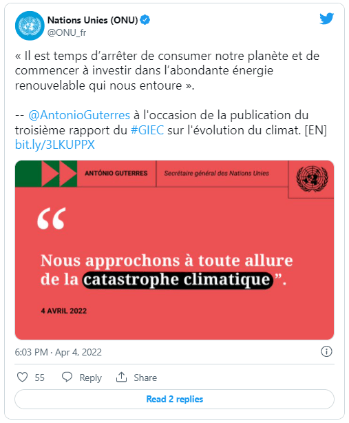 Tweet d'A. Guterres, suite au rapport du Giec d'avril 2022